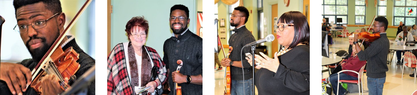 Alex Strachen: 4 images of him with various people playing music in hospice or hospitals