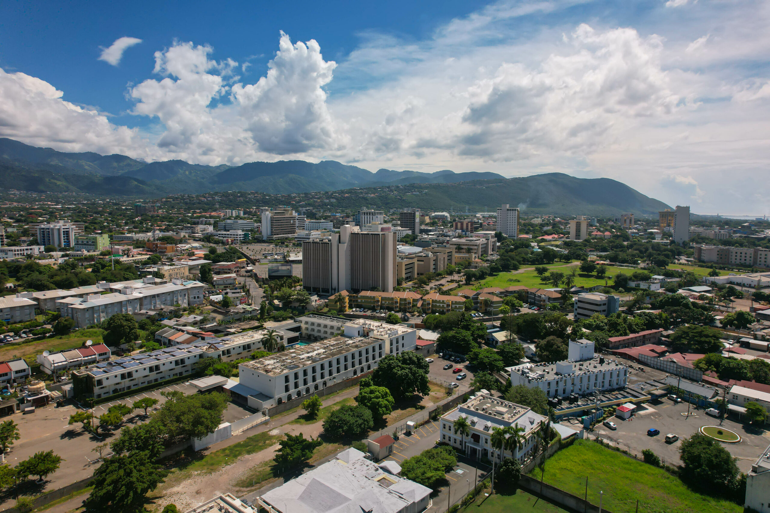 Aerial view of Kingston city, Jamaica. City landscape, roads, bu