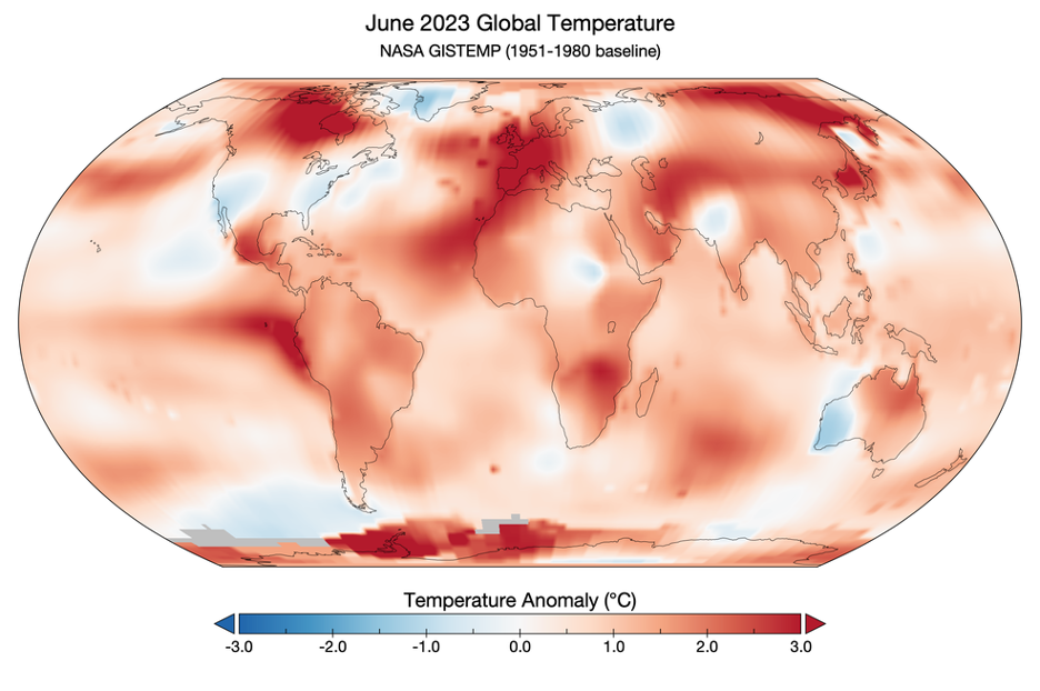 June 2023 Global Temperature map (NASA GISTEMP 1951-1980 baseline)