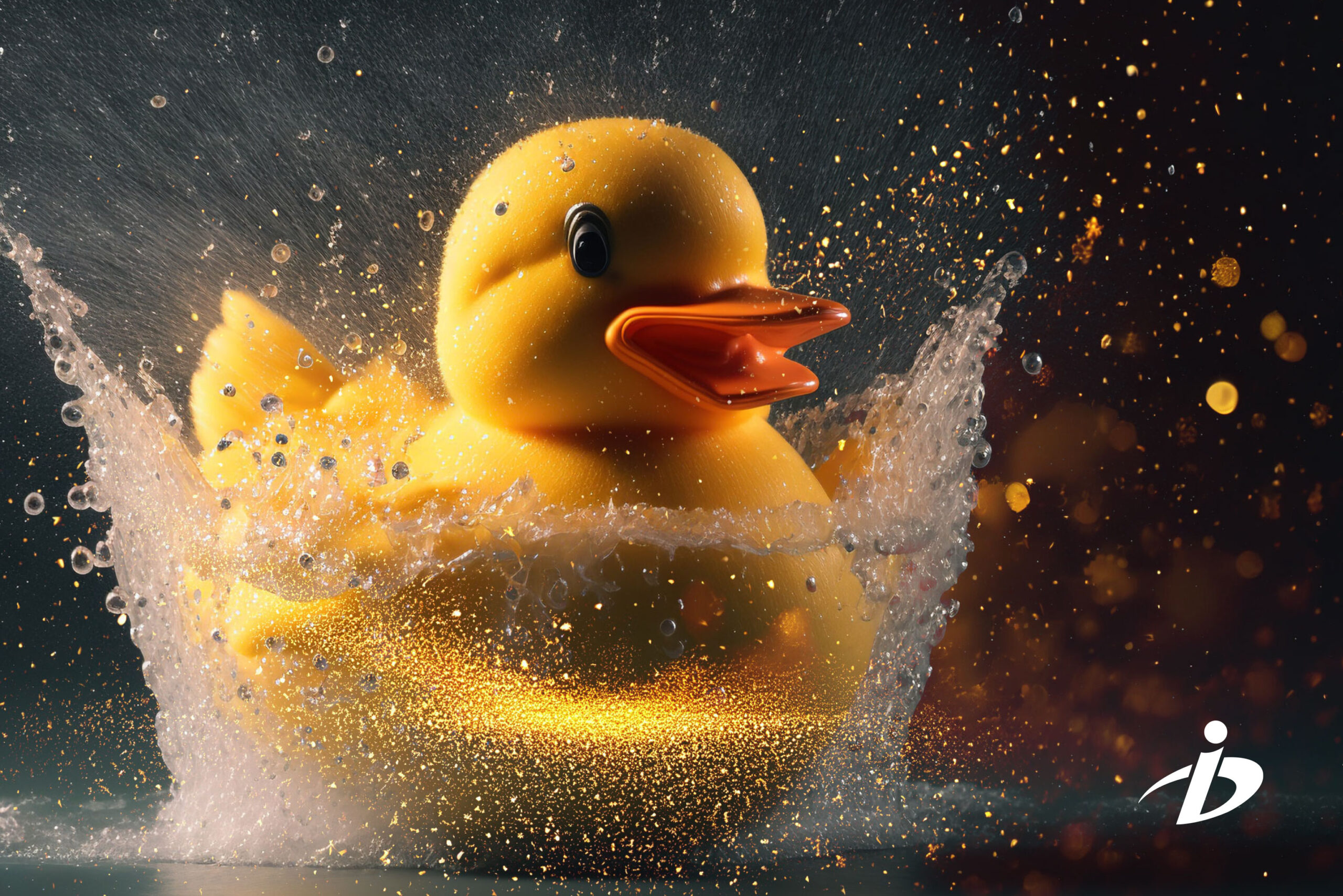 SEWP team mascot (rubber duck) splashing in water and gold galaxy glitter (training, news)