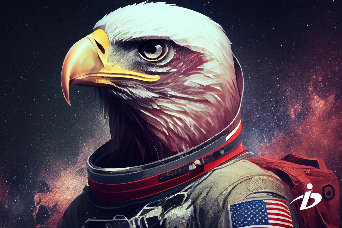generative AI image of eagle in an American astronaut suit (launching modernized brand into next galaxy)