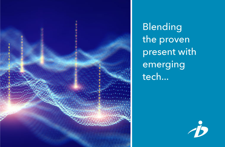 abstract data waves; 'Blending the proven present with emerging tech..." (BI logo)