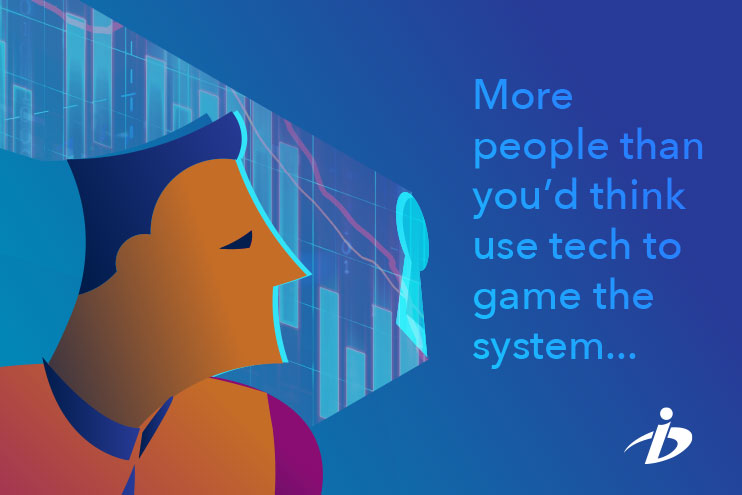 vector illustration of man looking toward a keyhole; 'More people than you'd think use tech to game the system..."