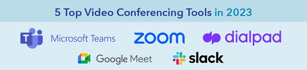 5 Top Video Conferencing Tools in 2023 (logos: Microsoft Teams, Zoom, DialPad, GoogleMeet, Slack)