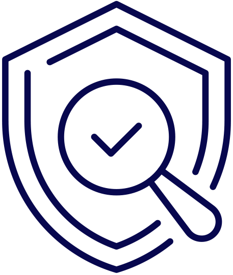 icon: security shield with magnifying glass within it with checkmark within that