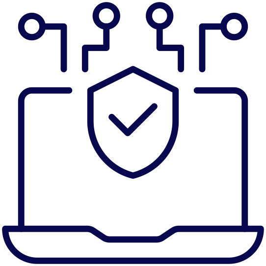 icon: laptop with security shield and checkmark, connected to network