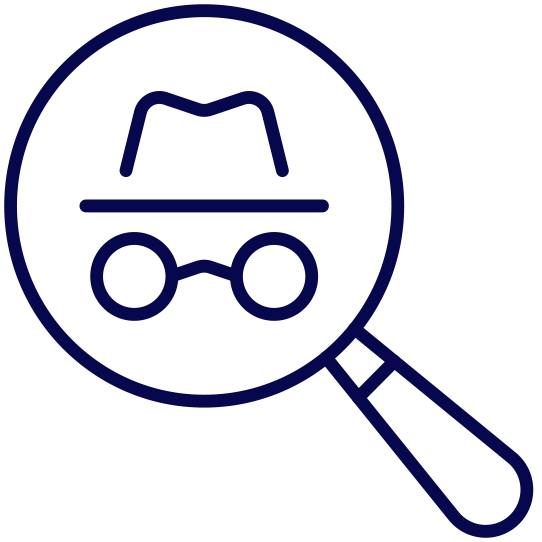 icon: magnifying glass with hat and spy glasses