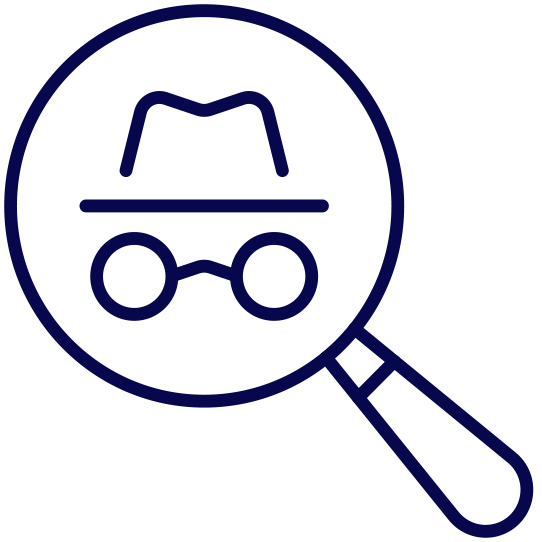 icon: magnifying glass with hat and spy glasses