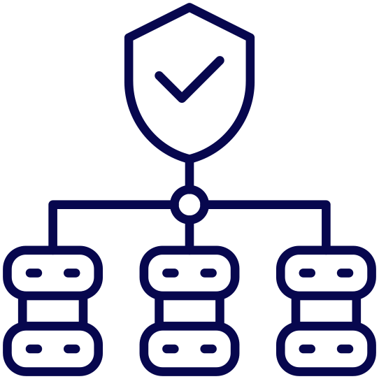 icon: security shield with checkmark at top of infrastructure of connected data and lines