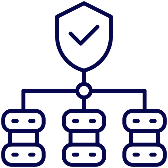 icon: security shield with checkmark at top of infrastructure of connected data and lines