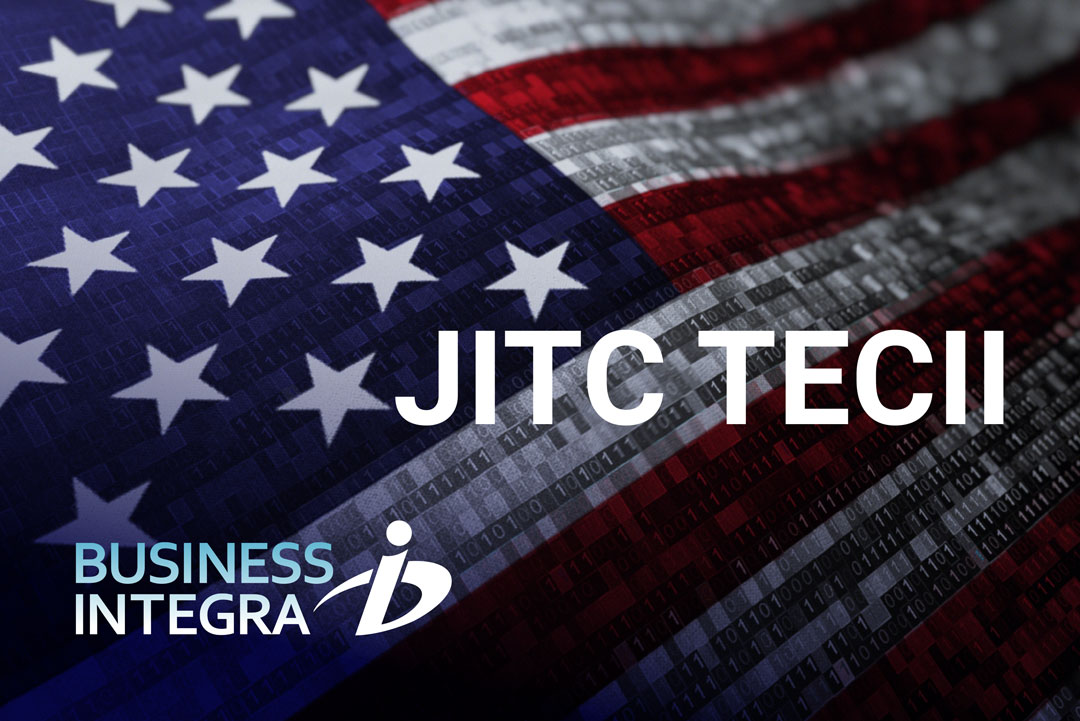 background image with USA flag overlaid with binary code; Business Integra logo in foreground; JITC TECII text